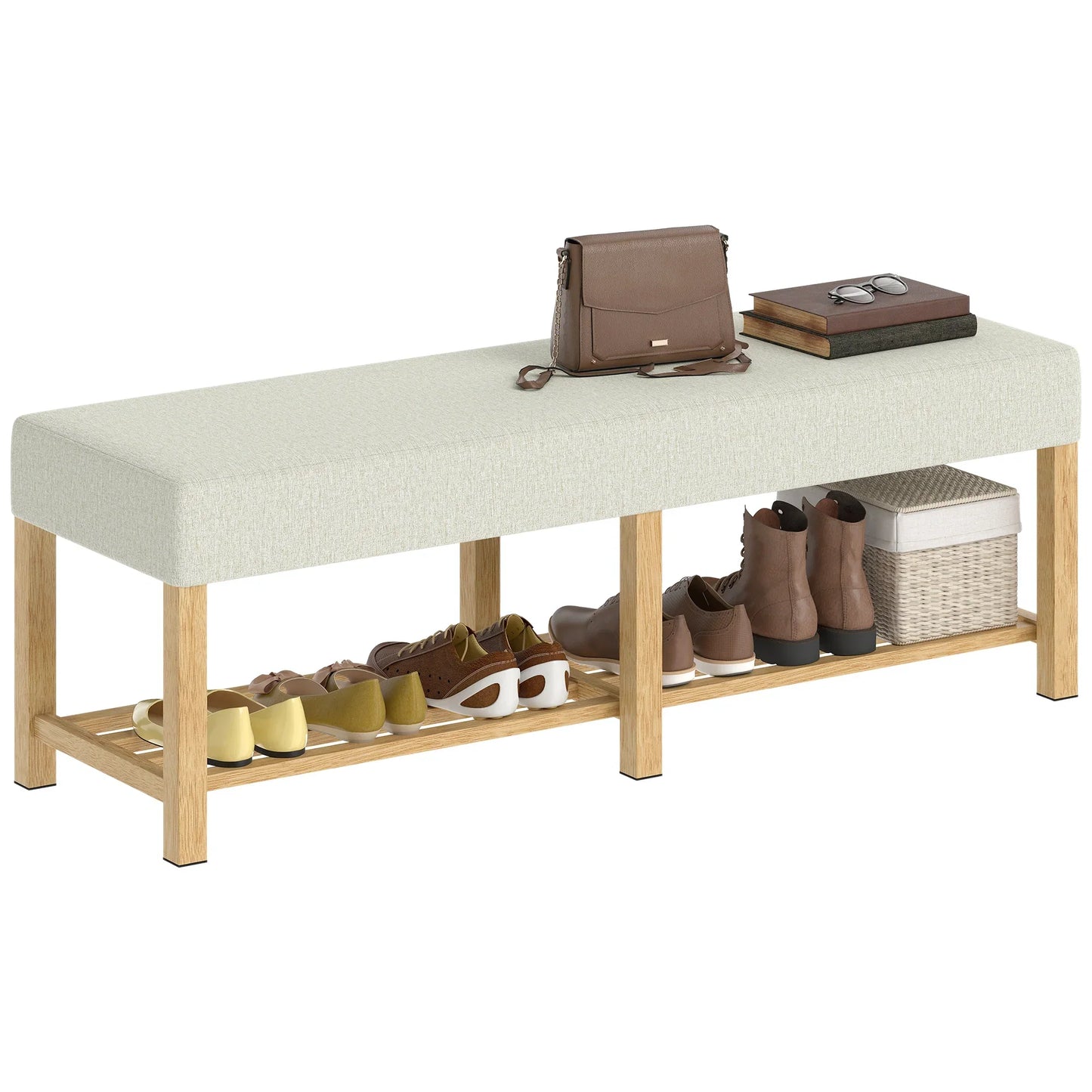 HOMCOM Schuhbank — Moderner Flurbank mit gepolstertem Sitz für 2 Personen, offene Schuhablage, Kautschukbaumholz, für Flur, Diele, Wohnzimmer, 140 x 44 x 48 cm, Creme & Naturholz