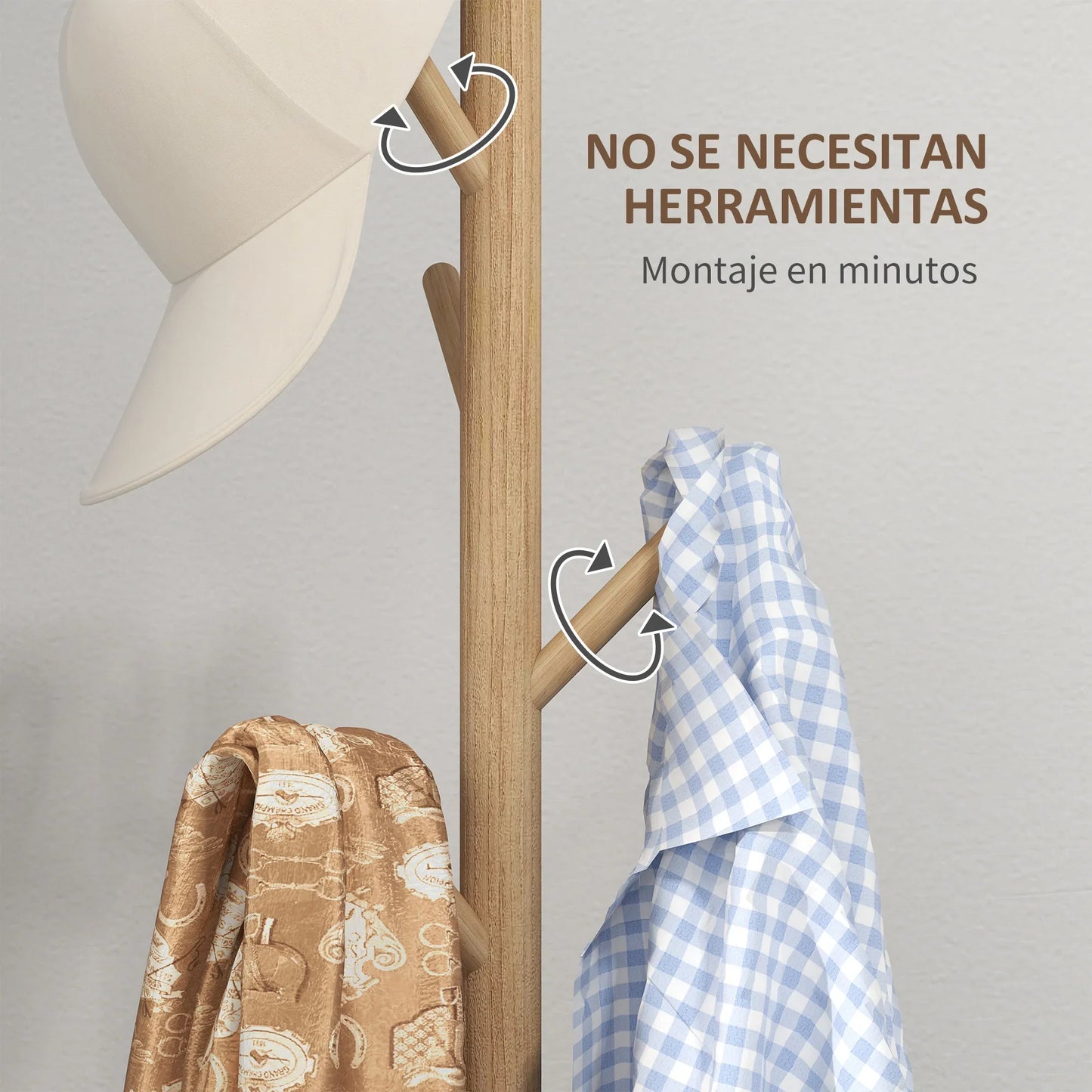HOMCOM Freestanding Coat Rack with 8 Hooks - Wooden Clothes Tree for Hallway, Entrance Area, Bedroom 40x40x165 cm Natural