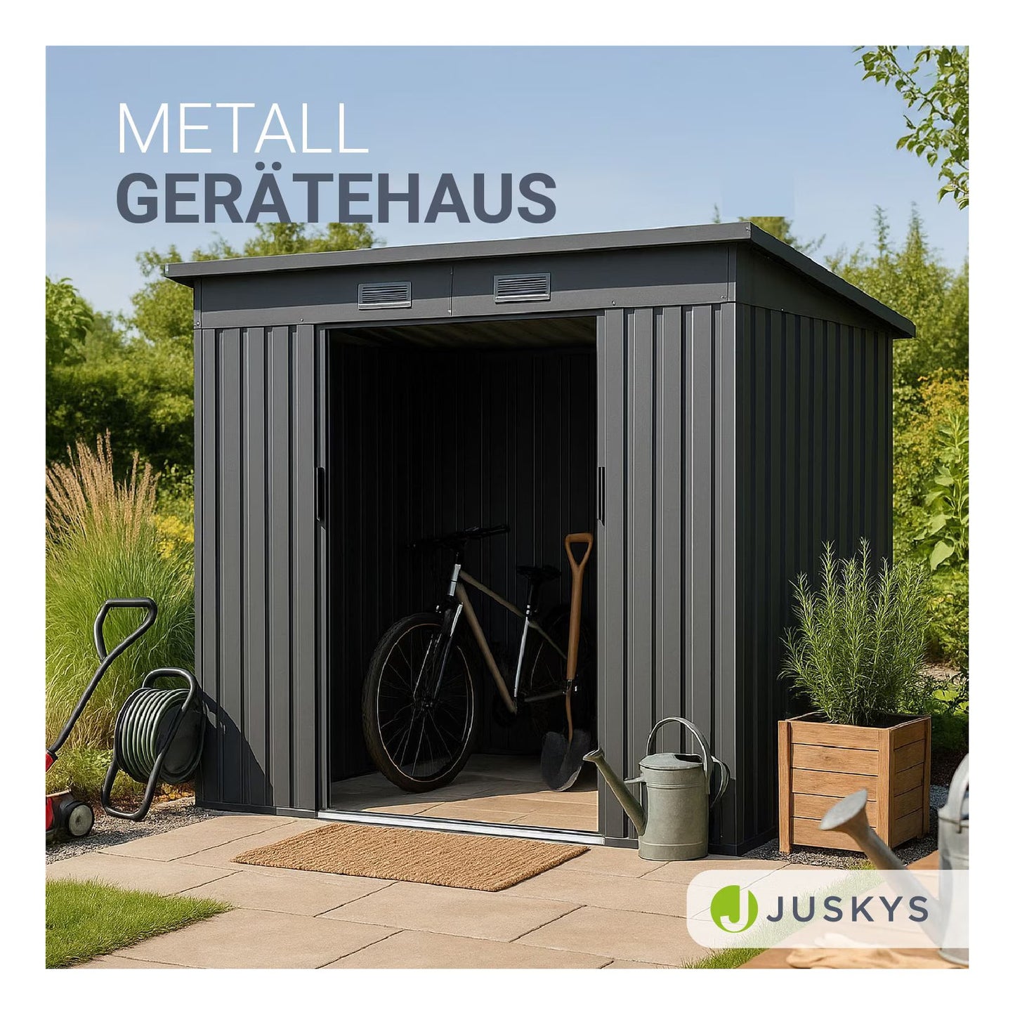 Juskys Gerätehaus Metall – Dunkelgrau, wetterfest mit Fundamentrahmen, Schiebetür & abschließbar - für Garten & Aufbewahrung