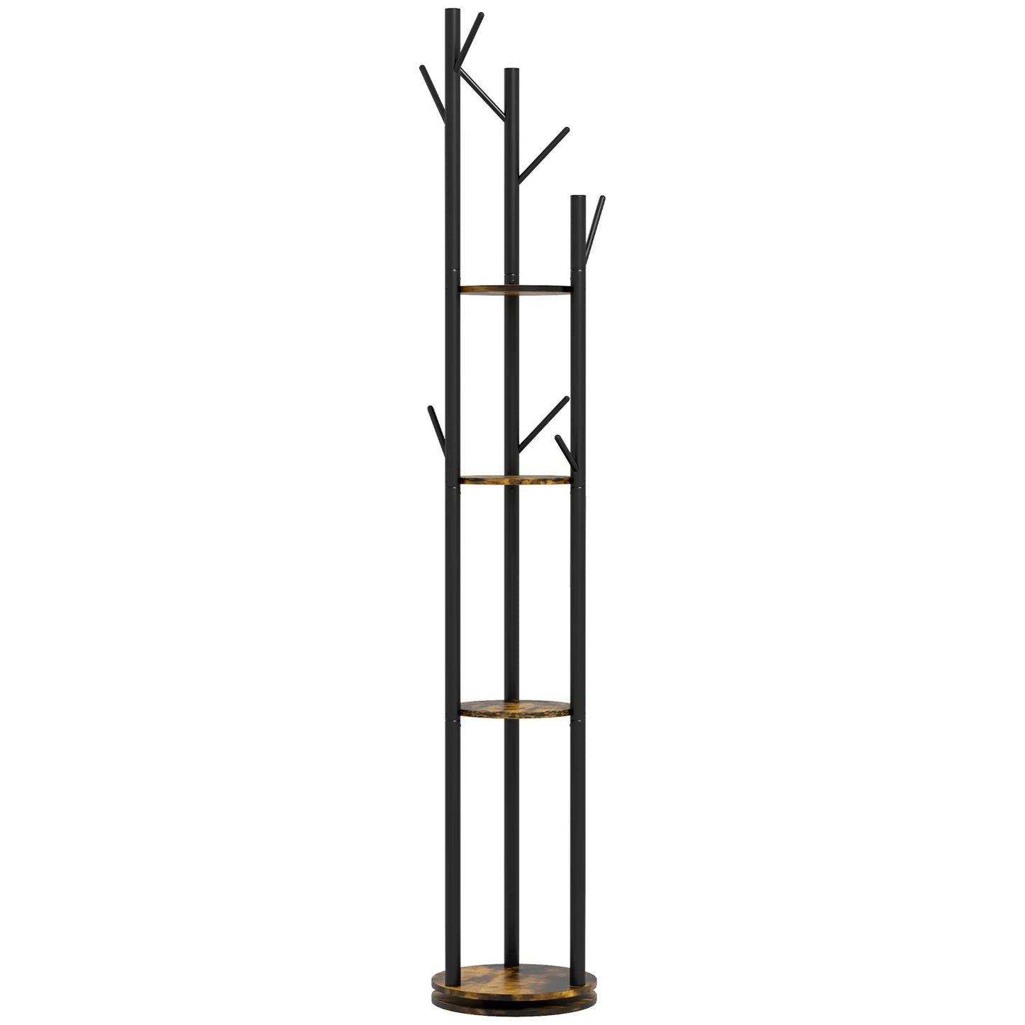 HOMCOM Drehbarer Freistehender Kleiderständer mit 8 Haken und 4 Regalen, Industrieller Kleiderständer für Eingangsbereich und Schlafzimmer, Ø30x175cm, Rustik Braun