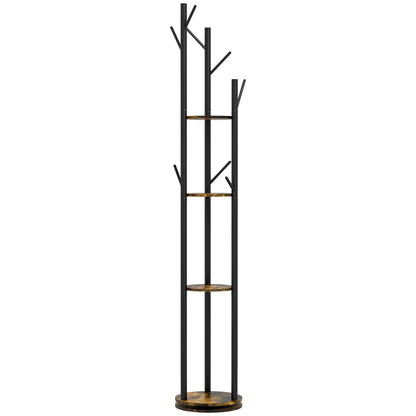 HOMCOM Drehbarer Freistehender Kleiderständer mit 8 Haken und 4 Regalen, Industrieller Kleiderständer für Eingangsbereich und Schlafzimmer, Ø30x175cm, Rustik Braun