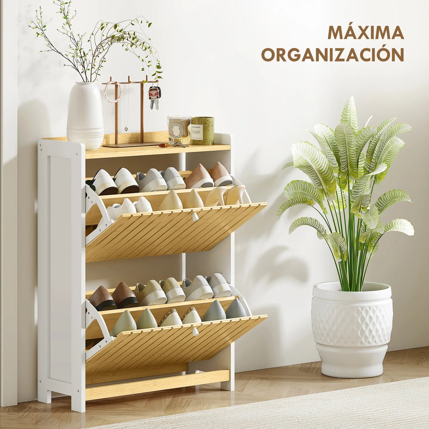 HOMCOM Slim Shoe Cabinet with 2 Bamboo Doors and Adjustable Shelves for 12 Pairs of Shoes 60x24x82.5 cm White and Natural
