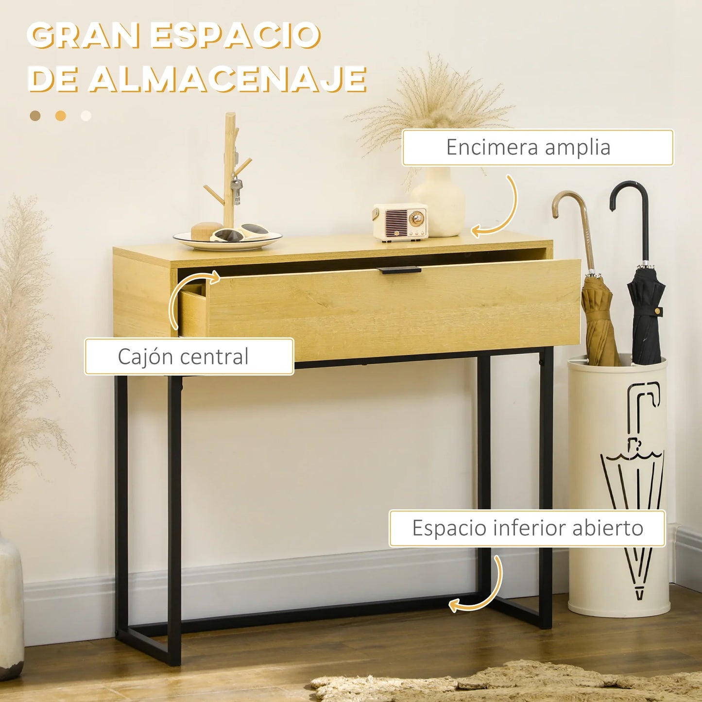 HOMCOM Console Table with Drawer Modern Side Table with Steel Legs for Hallway, Living Room, Bedroom 80x30x76 cm Natural